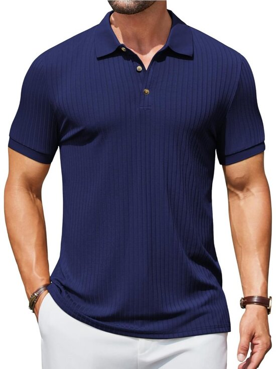 Other - Men's Navy Blue Textured Polo Shirts Short Sleeve Slim Fit Button Polo Casual